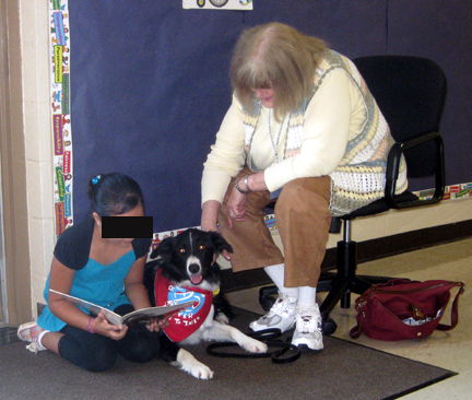 Border Colliie lies down while child reads story to her.