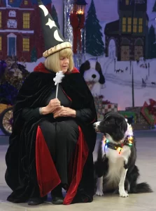 Woman dressed in wizzard costume sits beside Border Collie