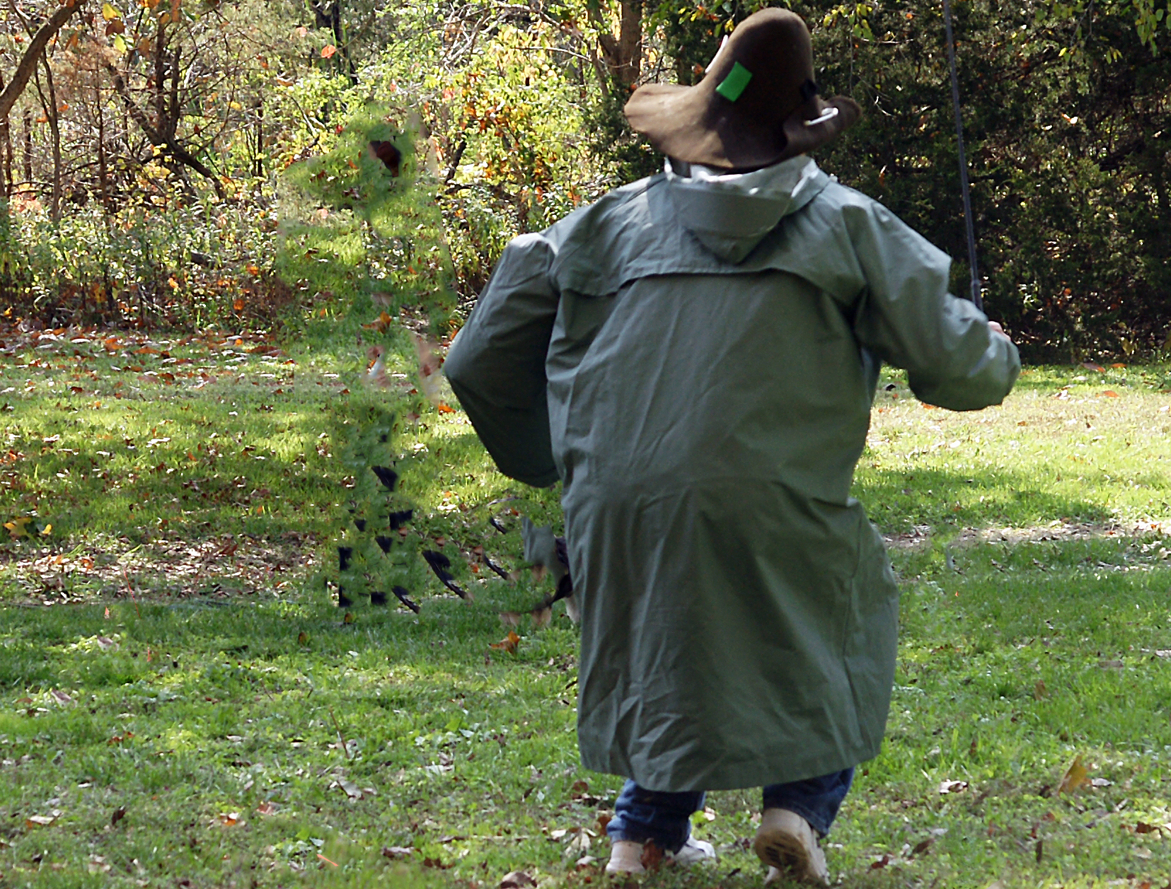 Man dressed in raincoat, wearing floppy hat runs toward dog and handler as final temperament test step.